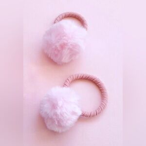 Set of 2 adorable soft fuzzy baby pink fur Pom Pom ponytail elastic hair ties